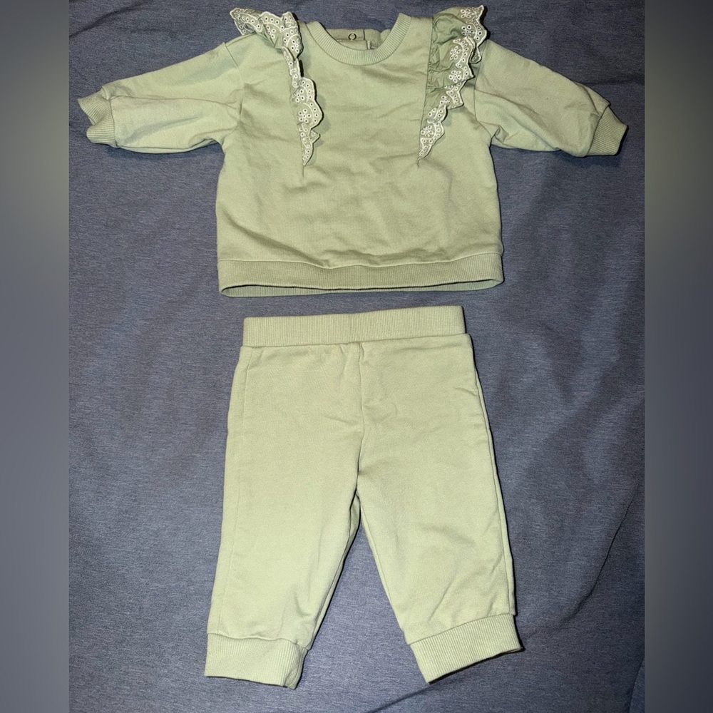 Little Me Sage Green Ruffle Shoulder Sweater Set